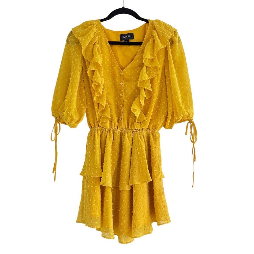 Yuki Kim Women's Swiss Dot Marigold Hailey Mini 3/4 Sleeve Dress Size M - Picture 2 of 11